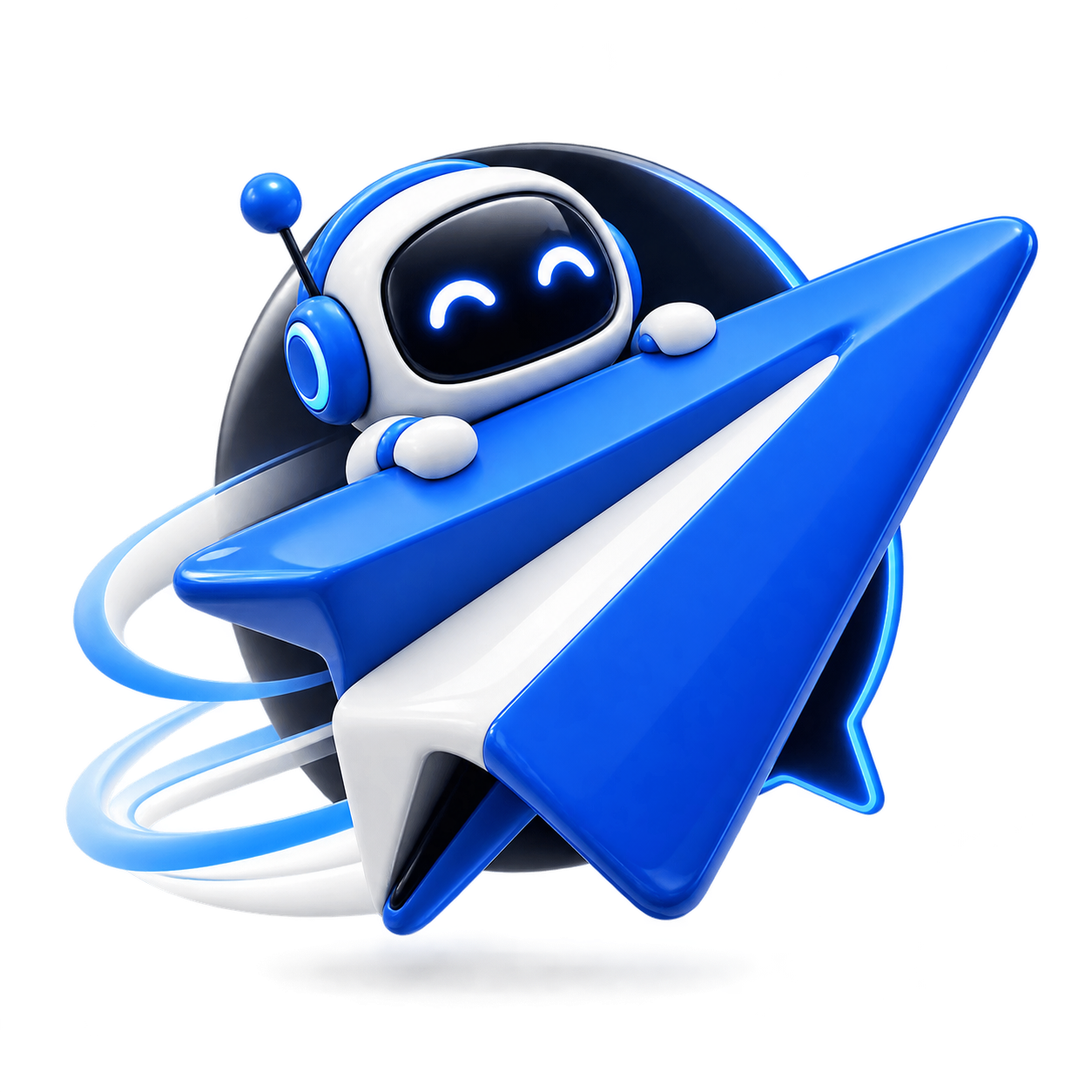 Cobalt blue Telegram paper-plane robot mark representing pocketclawd.ai hosted Telegram bots